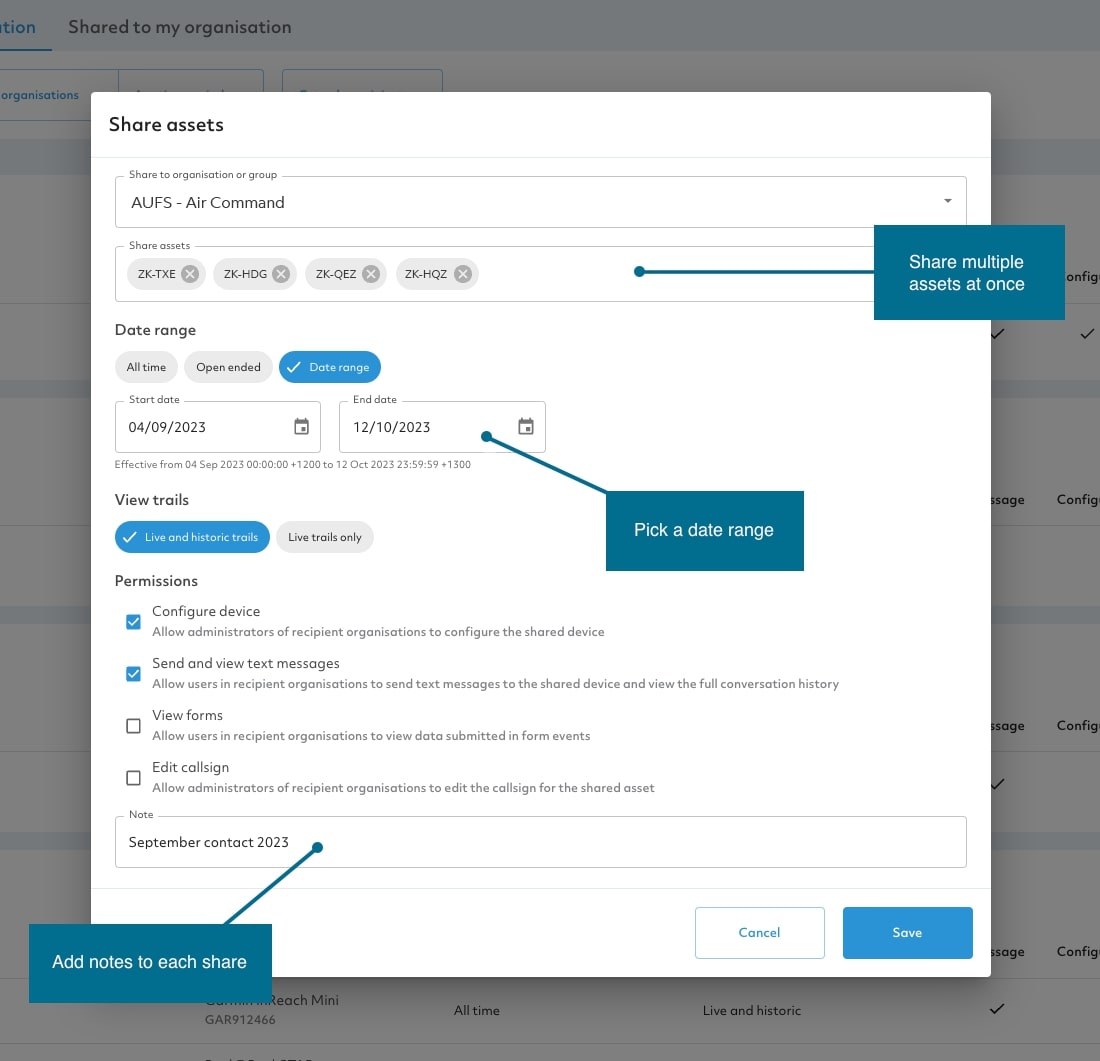 Sharing - share assets modal